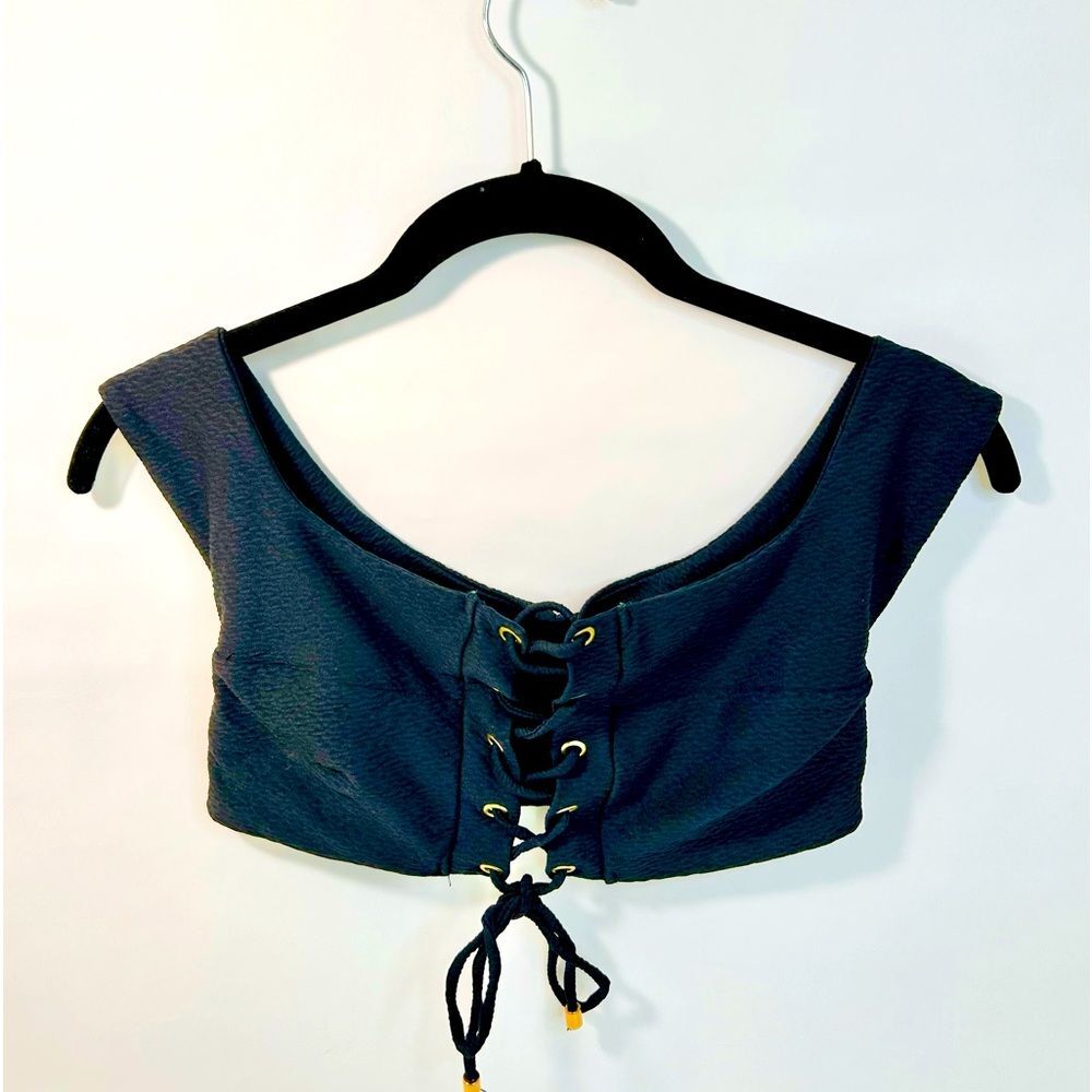 Blue Life Black Textured Lace Up Crop Top /Swim Top size Medium